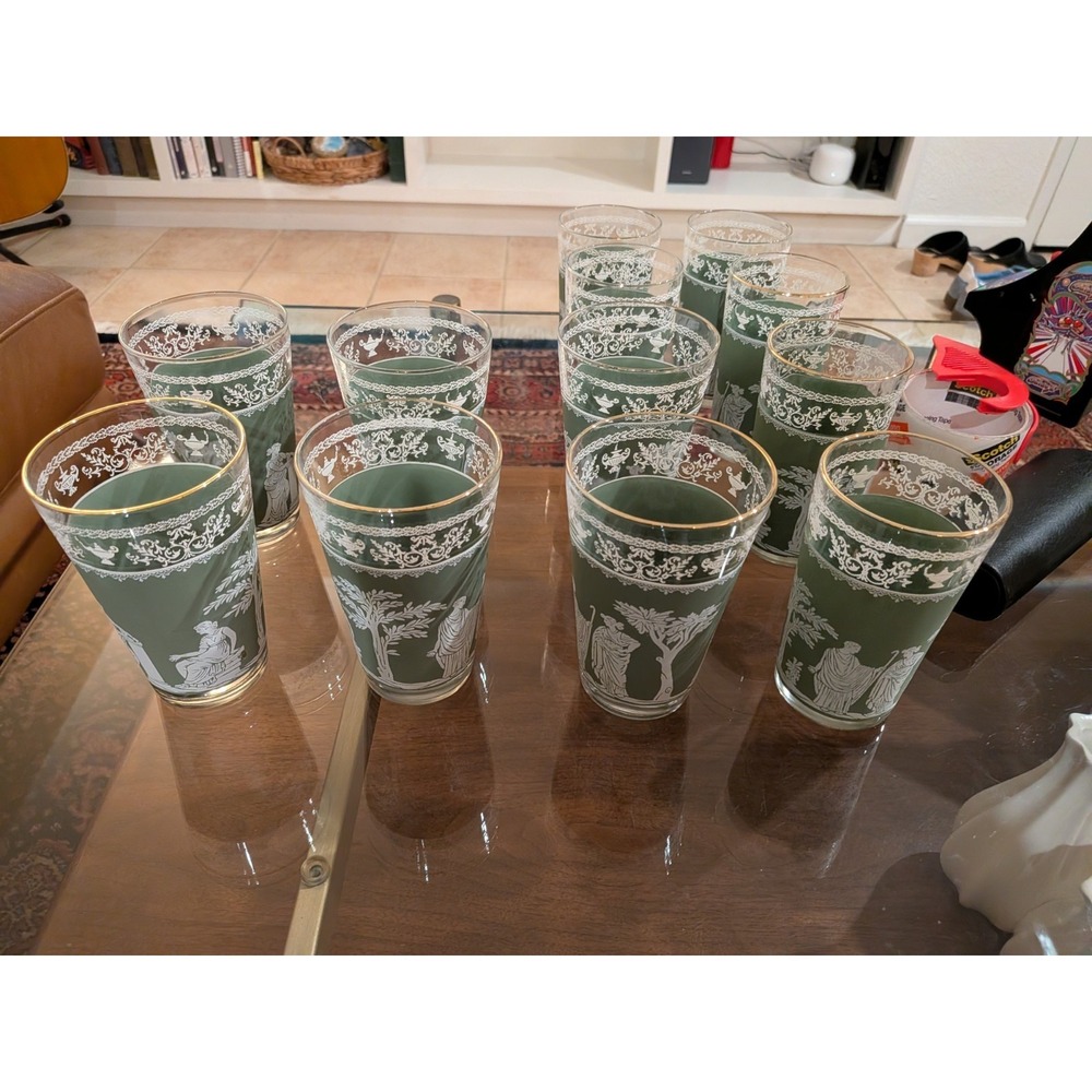 Lot Vintage Jeannette Hellenic Green Glasses Wedgwood Jasperware Style 6 sm 6 lg - Picture 5 of 13